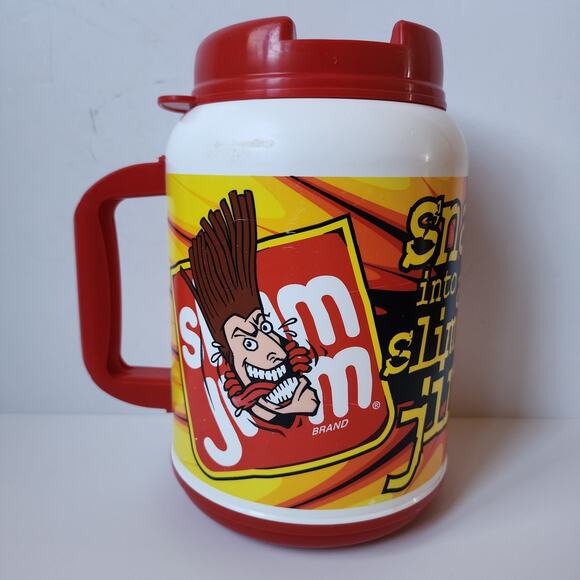 Vintage 2002 Snap Into A Slim Jim 64oz Travel Mug Whirley USA Slim Jim Guy - Picture 1 of 8